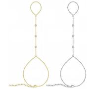 FFWTPY 2 Pezzi Bracciale a Dito Oro Argento Bracciale Vintage con Strass e Anello Personalizzare Mano Catena Bangle Gioielli per Donne e Ragazze