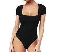 FFWTPY Body Donna Maniche Corte Collo Quadrato Bodysuit Elegante Sexy Stretchy Jumpsuit Tops Maglietta T-shirt Nero Tinta Unita Pagliaccetto Elasticizzato Leotard Top