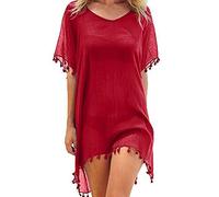 FFWTPY Copricostume Donna con Scollo V Copricostumi Chiffon Mare Abito da Spiaggia con Nappa Estivi Allentato Cover Up Costumi Bikini Cover Up Sexy Sciolto Beachwear (Rosso)