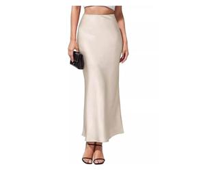 FFWTPY Gonna Donna Lunga Raso Vita Alta Elegante Chic Fishtail Gonne Moda Solida Colore Bohémien Casual Matita per Festa Cocktail (Beige/M)