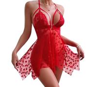 FFWTPY Lingerie Donna Pizzo Babydoll Trasparente con Motivi a Cuore Abito Elegante Intimo Sexy Nightwear Tulle Bretelle Regolabili Completo Intimo Romantico