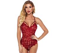 FFWTPY Lingerie Donna Pizzo Body Trasparente Intimo Elegante Abbigliamento Notte Completo Sensuale Pigiama Merletto Floreale Decorato Bretelle Regolabili Vestito Notte