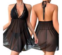 FFWTPY Lingerie Donna Pizzo Halter Babydoll Trasparente Abbigliamento Intimo Elegante Completo Sexy Vestito Notte Reggiseno Triangolo Allacciatura Collo