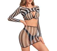 FFWTPY Lingerie Donna Pizzo Set Due Pezzi a Rete Completo Intimo Abbigliamento Trasparente Maniche Lunghe Reggiseno e Gonna Mini Completi Intimi Sexy Elegante