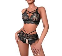 FFWTPY Lingerie Donna Pizzo Set Due Pezzi Bralette Triangolo Incrociato Fiocco Decorativo Completo Intimo Ricamato Floreale Elegante Trasparente Confortevole