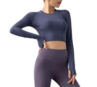 FFWTPY Maglia Sportiva da Donna Manica Lunga Maglietta Allenamento Corto Yoga Top Senza Cuciture Camicie da Corsa per Ragazze Palestra Fitness