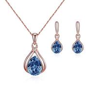 FFWTPY Set Di Gioielli Donna In Oro Rosa Con Ciondolo A Goccia E Orecchini In Cristallo Blu Collana Elegante Per Donna Parure Di Gioielli Raffinata Per Occasioni Speciali