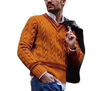 FGAITH Maglione Lavorato A Maglia Uomo Scollo A V A Righe Autunno E Inverno Morbido E Confortevole Casual Vacanze B-Yellow L