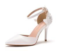 FgdeupY Punta Chiusa Cinturino alla Caviglia Tacchi Pompe Punta con Tacco Sandali per Le Donne Scarpe da Sposa con Tacco a Spillo,Bianca,35 EU