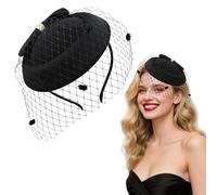 Fgdui 1 fascinator in garza cappello nero anni '40 retrò cappello fiocco clip laterale pillbox cappelli velo fascia nero cappelli funerali per donne tea party matrimonio