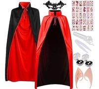 FGen Halloween Mantello da Vampiro, con 30 Tatuaggi Temporanei, 4 Denti da Vampiro, 2 Orecchie da Elfo, 1 Maschera per Occhi di Pipistrello Costume Adatto per Giochi di Ruolo di Halloween