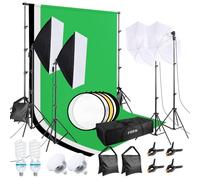FGen Softbox Kit Completo 2.6x3m 3 Colori con 85W LED, 135W CFL e 5500K | 3 Fondali in Cotone. Include 2 Softbox 50x70cm, 4 Treppiedi, Ombrelli, Riflettore, Clip, Sacchi di Sabbia e Borsa Trasporto