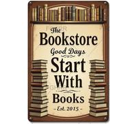 FGHRR The Mysterious Bookstore Good Days Start with Books Est 2015 metallo da parete arrugginito retrò cartello poster regali bar club ufficio negozio cortile garage 30,5 x 20,3 cm