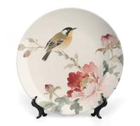 Fgjkt Decorative Plates, Birds & Peonies Chinese Painting Display Plate for Home Office Kitchen Table Decoration Porcelain Plates,7inch