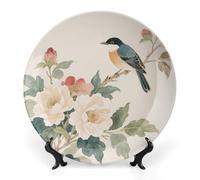 Fgjkt Decorative Plates, Birds & Peonies Chinese Painting Display Plate for Home Office Kitchen Table Decoration Porcelain Plates,7inch