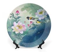 Fgjkt Decorative Plates, Birds & Peonies Chinese Painting Display Plate for Home Office Kitchen Table Decoration Porcelain Plates,8inch
