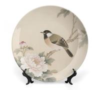 Fgjkt Decorative Plates, Birds & Peonies Chinese Painting Display Plate for Home Office Kitchen Table Decoration Porcelain Plates,8inch