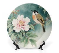 Fgjkt Decorative Plates, Birds & Peonies Chinese Painting Display Plate for Home Office Kitchen Table Decoration Porcelain Plates,6inch