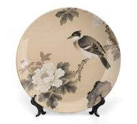 Fgjkt Decorative Plates, Birds & Peonies Chinese Painting Display Plate for Home Office Kitchen Table Decoration Porcelain Plates,6inch