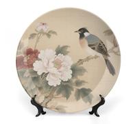 Fgjkt Decorative Plates, Birds & Peonies Chinese Painting Display Plate for Home Office Kitchen Table Decoration Porcelain Plates,8inch