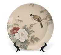 Fgjkt Decorative Plates, Birds & Peonies Chinese Painting Display Plate for Home Office Kitchen Table Decoration Porcelain Plates,10inch