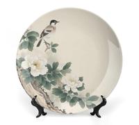 Fgjkt Decorative Plates, Birds & Peonies Chinese Painting Display Plate for Home Office Kitchen Table Decoration Porcelain Plates,10inch