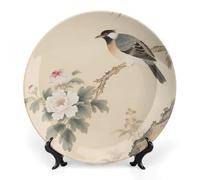 Fgjkt Decorative Plates, Birds & Peonies Chinese Painting Display Plate for Home Office Kitchen Table Decoration Porcelain Plates,7inch