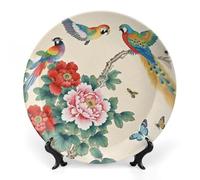 Fgjkt Decorative Plates, Birds & Peonies Chinese Painting Display Plate for Home Office Kitchen Table Decoration Porcelain Plates,8inch