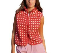 FGJUYLKvchgf Women's Checkered Polar Fleece Vest Sleeveless, Top High Collared Zip Up Cardigan, Winter Plaid Gilet Red Sherpa Warm Outfit(S)