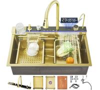 FGNIXLN 80 cm lavandino cucina intelligente multifunzionale a cascata in acciaio inossidabile oro con rubinetto integrato con display digitale, lavatrice per tazze e set di accessori per lavello