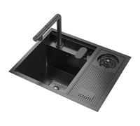 FGNIXLN Lavello da incasso nero opaco, 55 x 45 cm, invisibile, lavello da cucina, lavello in acciaio inox, con rubinetto di sollevamento estraibile e funzione di lavaggio bicchiere.