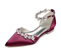 FGRID Ballerine da Sposa in Raso con Strass da Donna, Eleganti Scarpe a Punta Lucide da Sera da Sposa, Sandali con Cinturino alla Caviglia per Feste da Damigella d'Onore,Wine Red,37