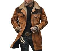 FGRID Giacca Vintage in Finta Pelle Scamosciata da Uomo, Cappotti da Cowboy Western con Colletto in Peluche, Trench Lunghi da Motociclista Multitasche e Spessi,Marrone,XXL