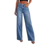 FGRID Jeans a Gamba Dritta da Donna, Pantaloni in Denim a Gamba Larga con Bottoni a Vita Alta alla Moda, Orlo Grezzo, Jeans Boyfriend Lunghi Fino a Tutta Lunghezza con Tasche,Blu,M