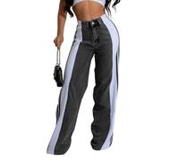 FGRID Jeans a Gamba Larga da Donna, Vita Alta, Pantaloni in Denim Larghi Dritti a Righe Laterali a Blocchi di Colore alla Moda, Pantaloni da Ragazzo Oversize da Strada,8,M