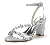 FGRID Sandali da Sposa con Tacco Grosso da Donna, Sandali Eleganti con Tacco Largo e Cinturino alla Caviglia con Strass Sexy, décolleté da Sposa Estivi con Punta Aperta,Argento,37