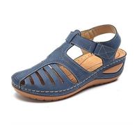 FGRID Sandali ortopedici da donna, sandali chiusi con zeppa in PU sintetico alla moda, sandali passeggio eleganti estivi con cinturino alla caviglia e cinturino alla caviglia,Blu,40