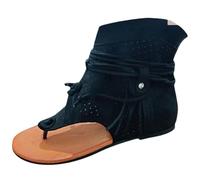 FGRID Sandali piatti con nappe da donna, sandali alti con clip in pelle scamosciata retrò, sandali da spiaggia con stivaletti con frange e infradito estivi,Nero,43