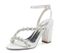 FGRID Scarpe da Sposa con Tacco Grosso e Strass da Donna, Sandali da Sposa con Punta Aperta e Tacco a Blocco, décolleté da Ballo in Raso con Cinturino alla Caviglia,Bianca,37