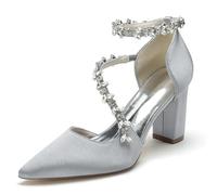 FGRID Scarpe da Sposa Donna con Tacco Alto a Blocchi per la Sposa, Punta Chiusa in Raso Strass Cinturino alla Caviglia décolleté per Feste da Sera Sandali Damigella d'Onore,Argento,40
