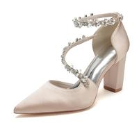 FGRID Scarpe da Sposa Donna con Tacco Alto a Blocchi per la Sposa, Punta Chiusa in Raso Strass Cinturino alla Caviglia décolleté per Feste da Sera Sandali Damigella d'Onore,d'oro,40