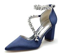 FGRID Scarpe da Sposa Donna con Tacco Alto a Blocchi per la Sposa, Punta Chiusa in Raso Strass Cinturino alla Caviglia décolleté per Feste da Sera Sandali Damigella d'Onore,Navy Blue,37