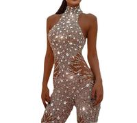 FGRID Tuta Slim da Donna con Paillettes Senza Maniche, Body con Strass Trasparenti in Rete Scintillante, Completi con Tutine da Clubwear per Feste,d'oro,L