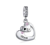 FGT Charm rosa con scritta "I Love You" e "Family" con doppio cuore, compatibile con braccialetti Pandora, regalo di Natale e compleanno, per donne, amici, figlia, mamma, moglie, nipote, Misura unica