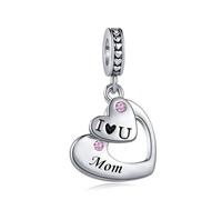 FGT Charm rosa con scritta "I Love You" e "Family" con doppio cuore, compatibile con braccialetti Pandora, regalo di Natale e compleanno, per donne, amici, figlia, mamma, moglie, nipote, Misura unica