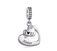 FGT Charm rosa con scritta "I Love You" e "Family" con doppio cuore, compatibile con braccialetti Pandora, regalo di Natale e compleanno, per donne, amici, figlia, mamma, moglie, nipote, Misura unica