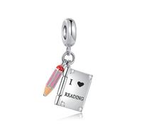FGT Ciondolo apribile a forma di matita, compatibile con braccialetti Pandora Moments Knowledge is Power I Love Reading, Misura unica, Rame Zirconia cubica, Nessuna pietra preziosa