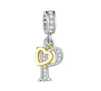 FGT Ciondolo bicolore con lettera maiuscola A-Z, in oro rosa, a forma di cuore, compatibile con braccialetti Pandora, da donna, con nome dell'alfabeto, Misura unica, Rame Zirconia cubica, Nessuna
