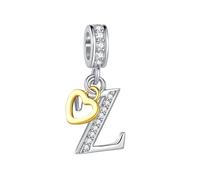 FGT Ciondolo bicolore con lettera maiuscola A-Z, in oro rosa, a forma di cuore, compatibile con braccialetti Pandora, da donna, con nome dell'alfabeto, Misura unica, Rame Zirconia cubica, Nessuna