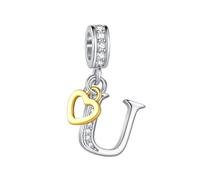 FGT Ciondolo bicolore con lettera maiuscola A-Z, in oro rosa, a forma di cuore, compatibile con braccialetti Pandora, da donna, con nome dell'alfabeto, Misura unica, Rame Zirconia cubica, Nessuna